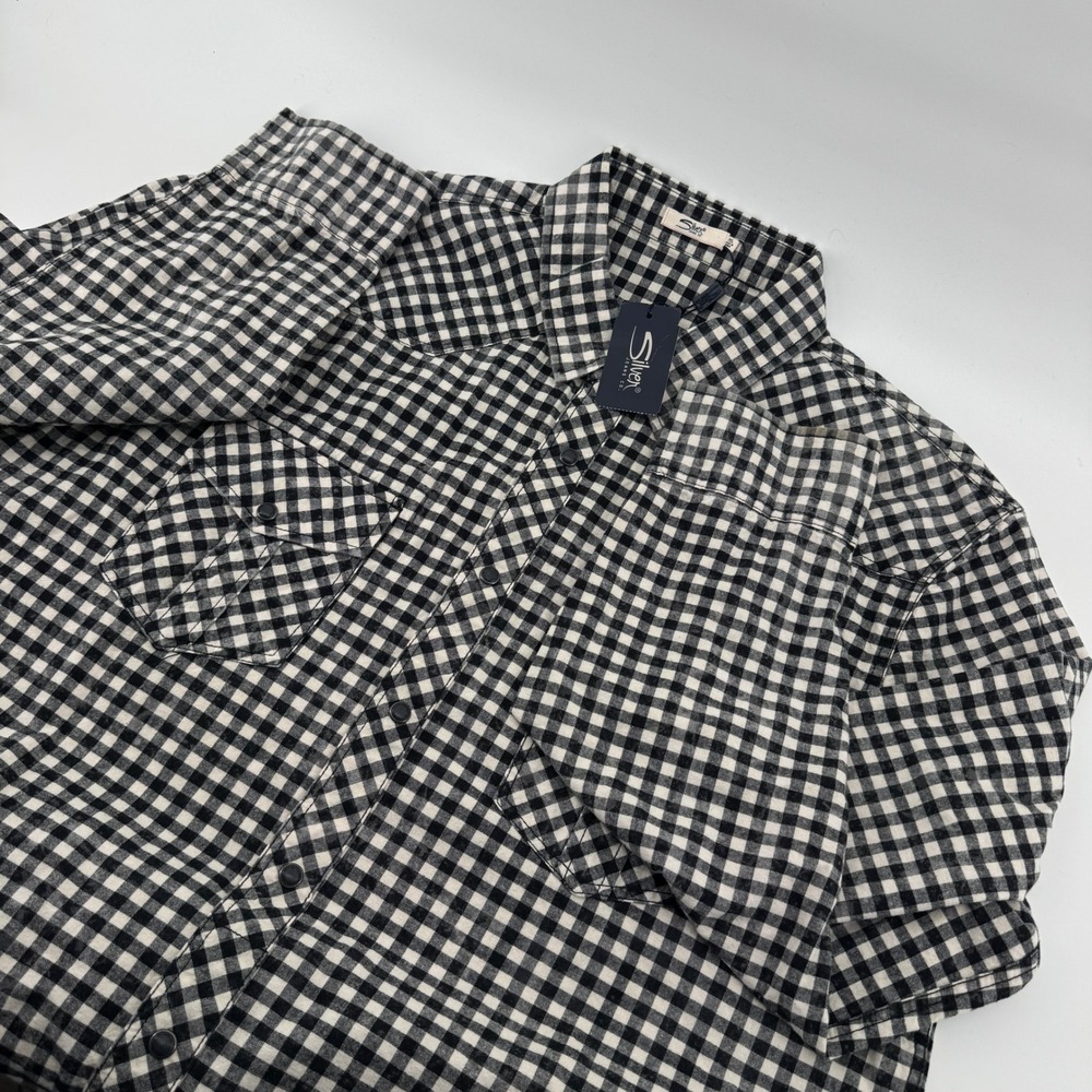 Silver Jeans Co Mens‎ XL Black White Gingham Plaid Long Sleeve Button Up Shirt